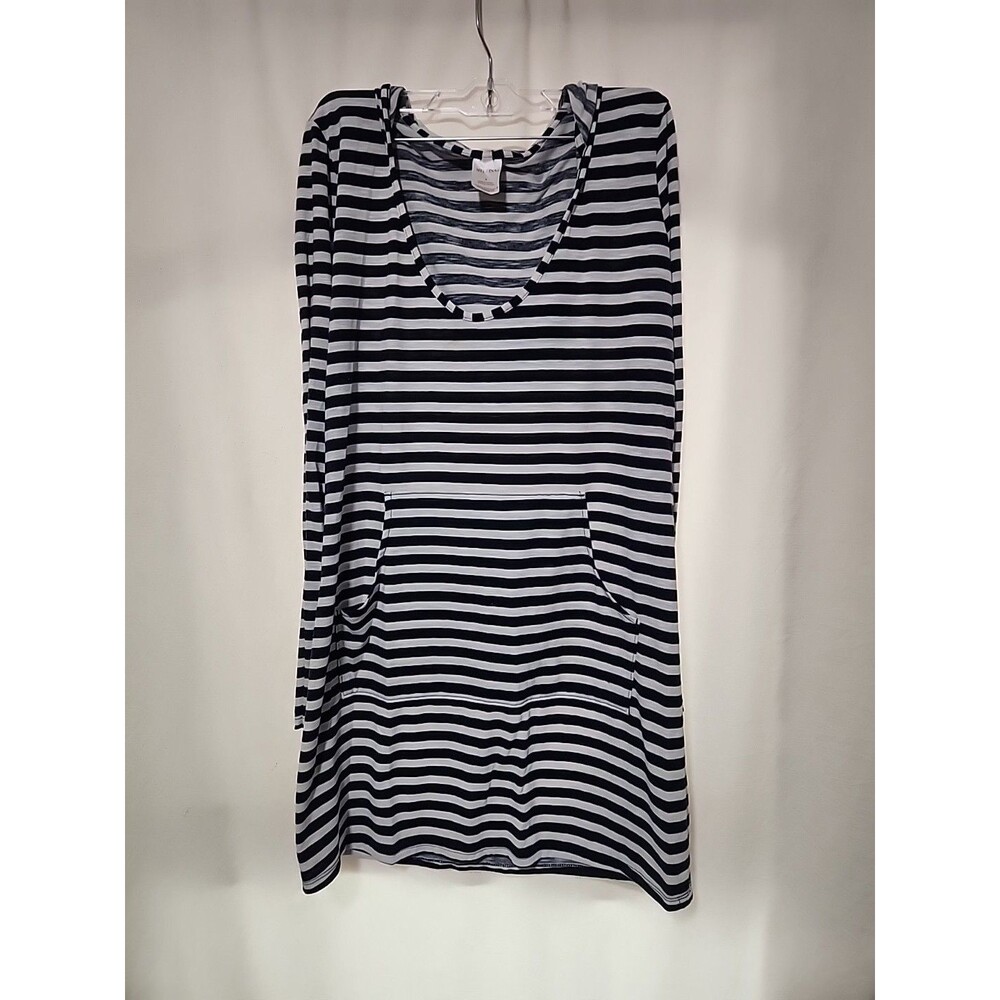 Merona Women's Dress Size Small Blue White Striped Short Sleeve V-Neck With Hood